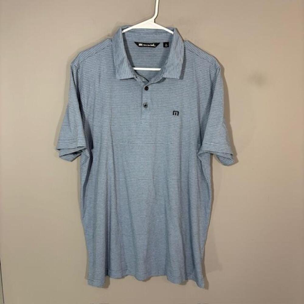 TravisMathew Polo Shirt Mens XL Blue Stripe Pima Cotton Knit Golf Stretch Top